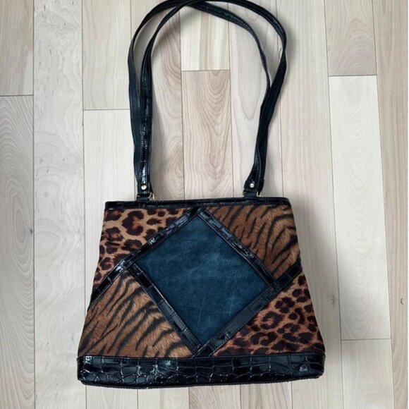 Unique vintage shoulder bag bold mixed animal print leopard and tiger - Picture 2 of 8